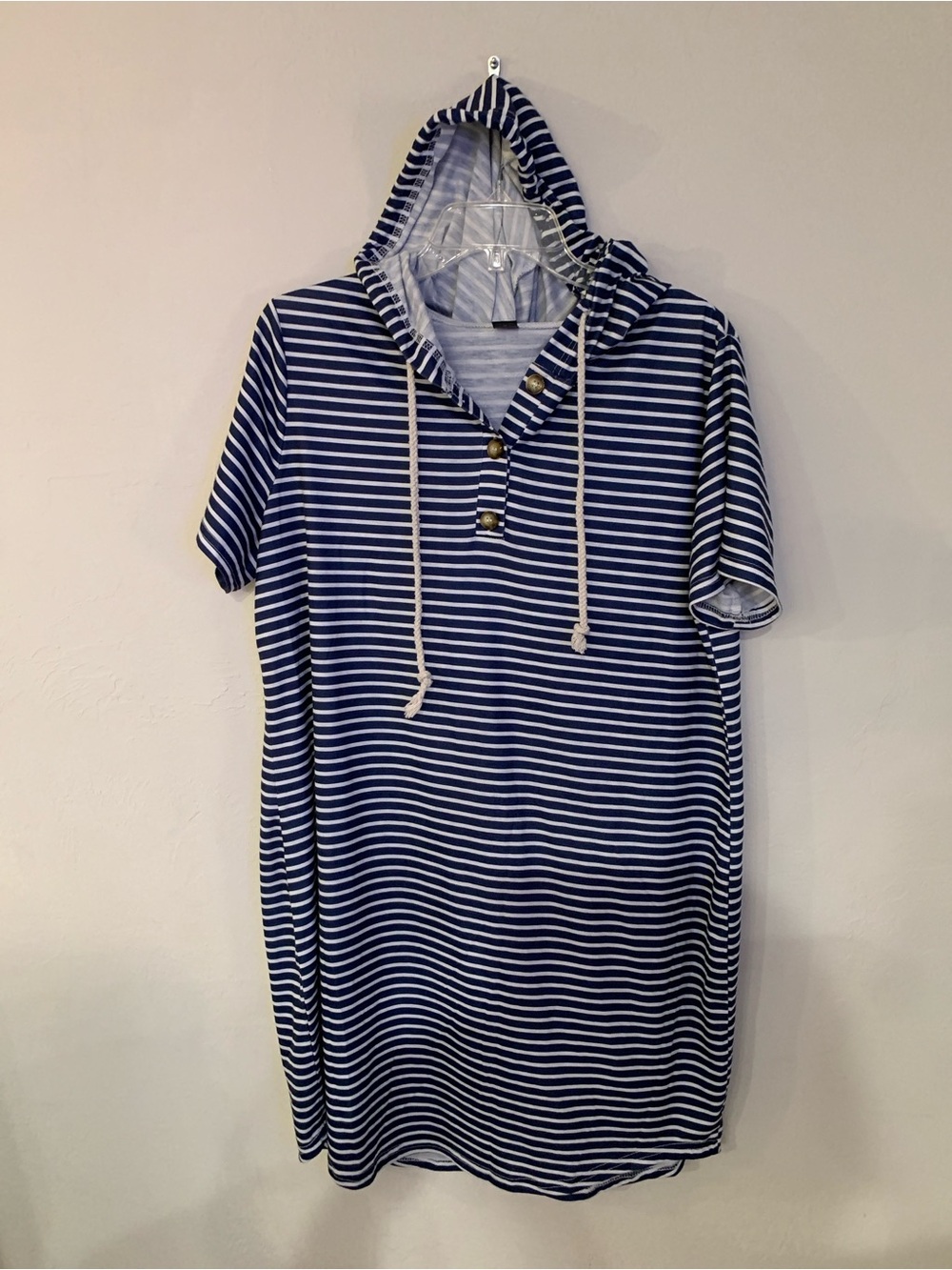 SHEIN Navy and White Striped Draw String Hooded Tee Dress XL fit like L